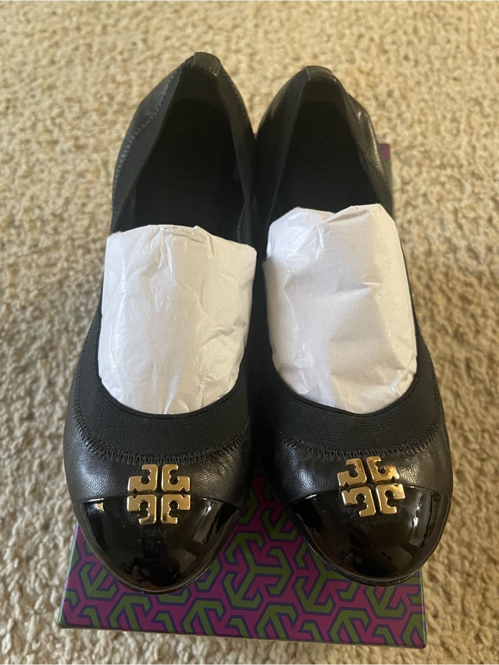 Tory Burch Black Leather Ballet Flats with Gold Logo Cap Toe